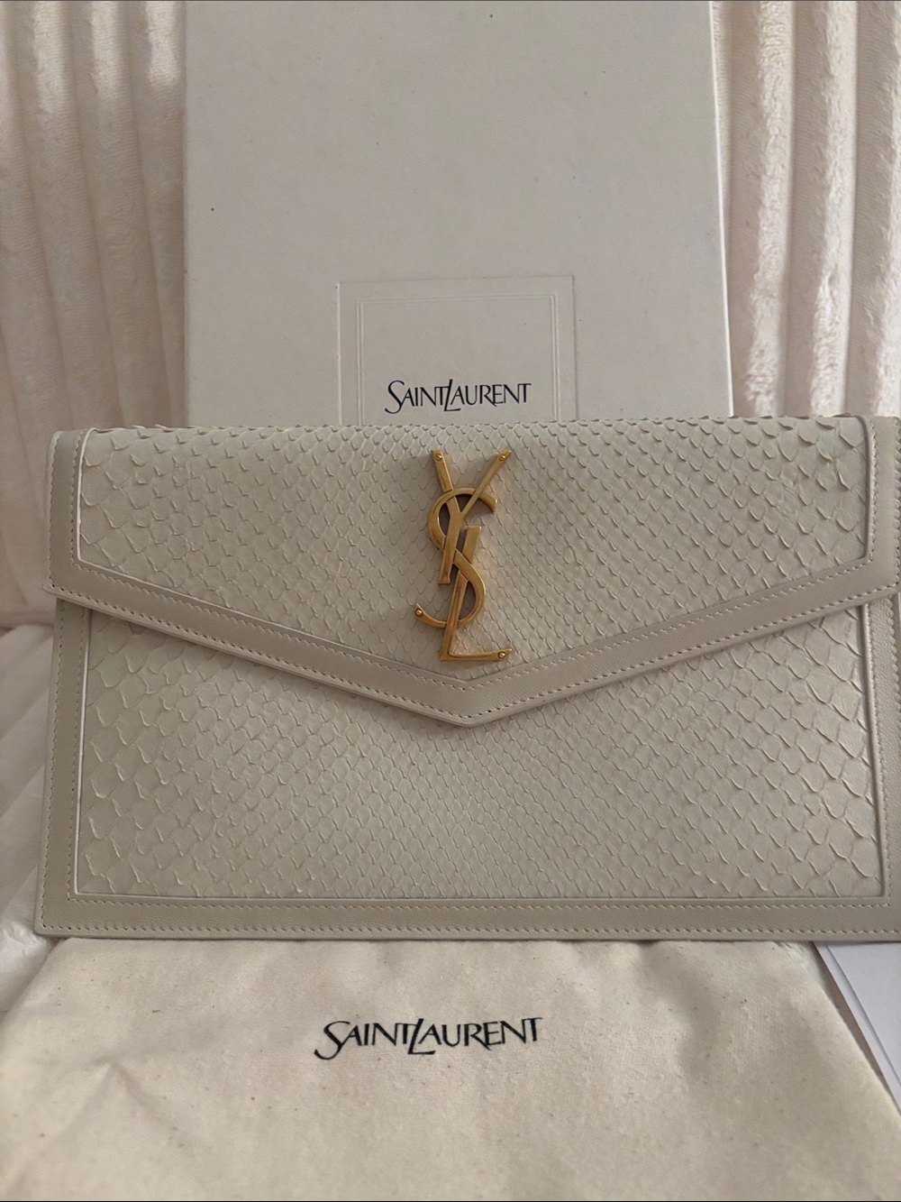 Saint Laurent White Python Envelope Clutch with Gold YSL Logo